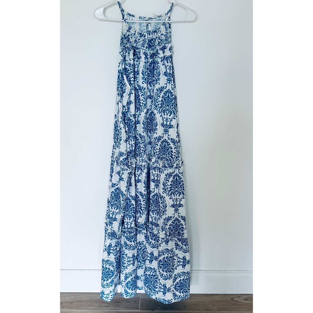 Grace Karin Blue White Damask Ruffle Maxi Dress Sleeveless Pockets 2XL NEW